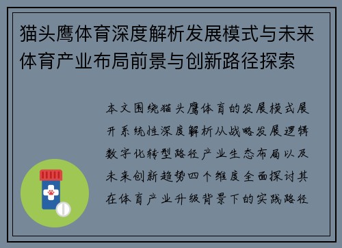 猫头鹰体育深度解析发展模式与未来体育产业布局前景与创新路径探索
